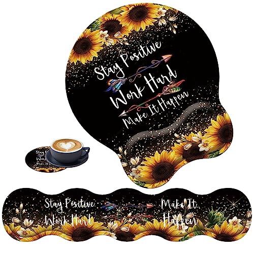 3 in 1 Keyboard Wrist Rest + Mouse Pad and Coaster, Ergonomic Gel Mouse Pad and Keyboard Pad Set, Comfortable Lightweight for Easy Typing Pain Relie, Sunflower Inspirational Quote - color: Sunflower Inspirational Quote