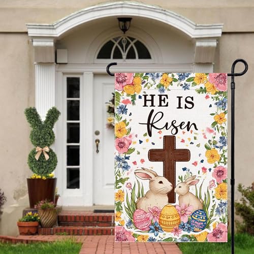 Welcome Easter Egg Garden Flag He Is Risen Christian Cross Small Flags for Outside, 12x18 Inch Rabbit Double Sided Burlap Seasonal Outdoor Yard Lawn Decoration