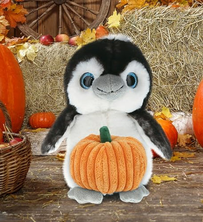 DolliBu Super Soft Grey Penguin Stuffed Animal with Pumpkin Toy - 9 Inches