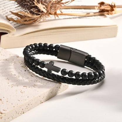 Mens Cross Bead Braided Genuine Leather Bracelet, Black Gemstone Agate Onyx Beaded Rosary Obsidian Bangle, Faith Religious Easter Catholic Christian Communion Baptism Christmas Jewelry Gift for Men - color: Black-9.25IN