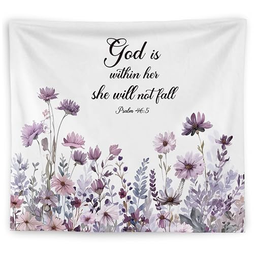WNAGT Purple Floral Christian Tapestry Wall Hanging, Bible Verse Tapestry, God Is Within Her She Will Not Fall Scripture Religious Wall Blanket Decor for Girls Bedroom Dorm Home, 50x60 Inch - color: I