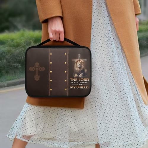 Lion with Cross Print Bible Cover for Men,Brown Bible Case Fashion Bible Bag with Handle - color: Lion With Cross