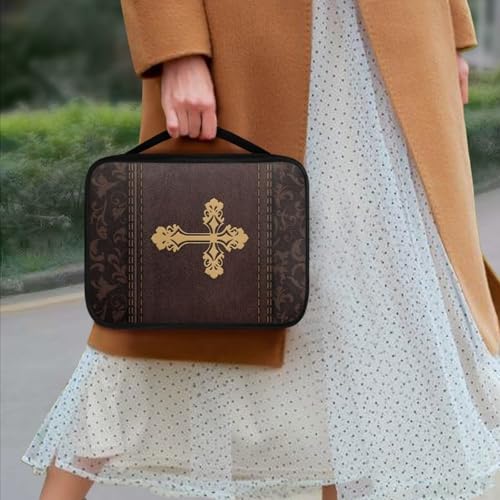 Cross Print Bible Cover for Women Men,Brown Bible Case,Lightweight Bible Bag with Handle - color: Cross-brown