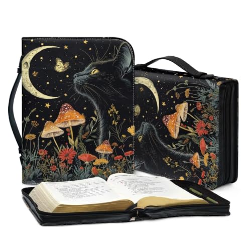 Black Cat Moon Leather Bible Cover for Women with Handle - color: Black Cat Moon, size: 2XL