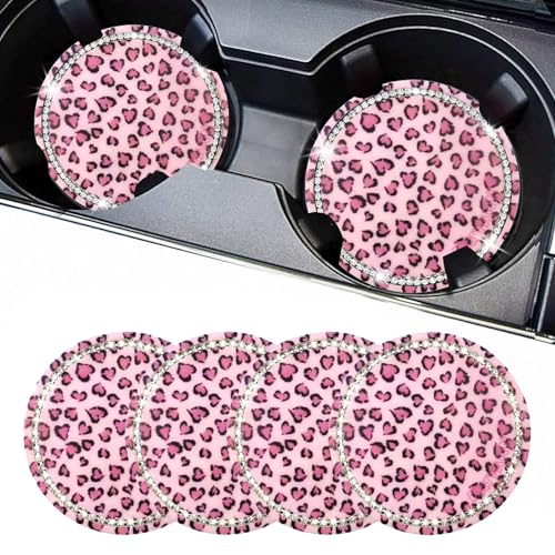 Leopard Car Coasters for Cup Holders, 4 Pack Silicone Cheetah Car Cup Holder Insert Coasters, 2.75" Universal Non-Slip Cup Holder Coaster, Car Interior Accessories for Women (Pink) - color: Pink