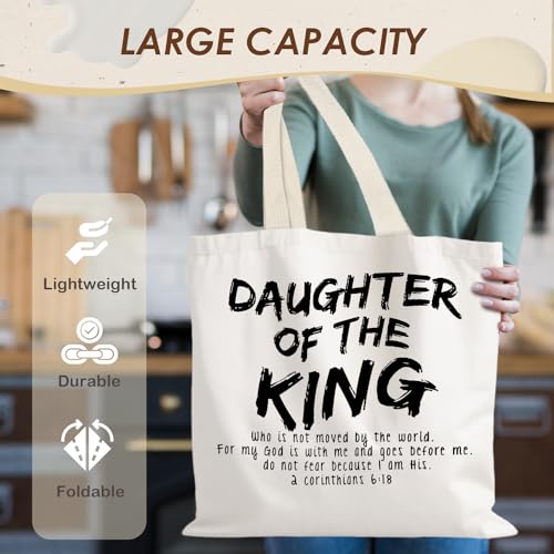 Walk by Faith Christian Canvas Tote Bags for Women, Christian Gifts for Women Faith, Bible Verse Gifts - color: Daughter of the King