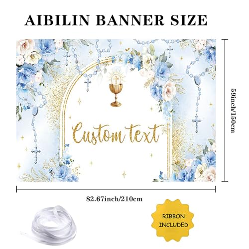 AIBIIN 7x5ft First Holy Communion Custom Backdrop for Boy Mi Primera Comunión Personalized Party Decorations Blue and Elegant Floral Party Banner Dove Bible God Bless Party Photo Prop - color: Blue Custom, size: 7x5ft