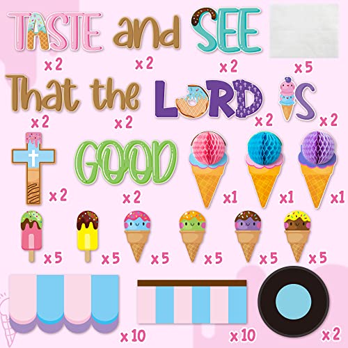 CY2SIDE 73PCS Ice Cream Taste and See that the Lord is Good Christian Cut-Outs for Classroom Bulletin Board Jesus Summer Ice Cream Honeycomb Cut-Out Faith Religious Back to School Sunday Trim Border - style: Summer Ice Cream
