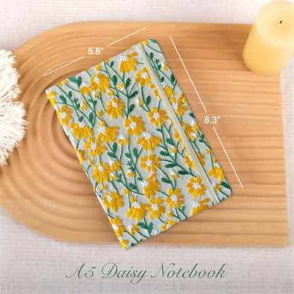 Daisy Gift, Flower Journal, Embroidered Notebook, Beautiful Journals for Women, 8"x6", Hardcover, Lay Flat, A5, Lined Paper, Wide Ruled Page, Writing Journal, Yellow Daisy, with Elastic Band - color: A5-Ruled-Yellow Daisy