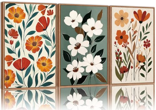 KaiWithYuan Vintage Floral Framed Canvas Wall Art, Boho Burnt Orange Flower Wall Decor, White Wild Flower Art Paintings, Retro Cozy Farmhouse Botanical Artwork for Bedroom Living Room Office 16"x24"x3 - color: Boho Vintage floral