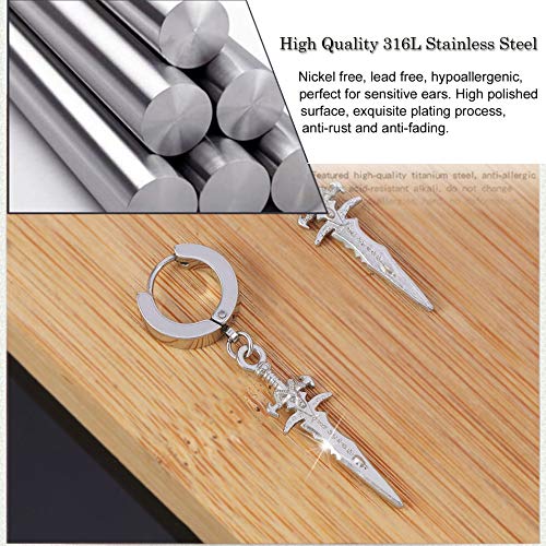 Unisex Punk Hip Hop Stainless Steel Silver Black Gold Tone Lock Thunder Lightning Bolt Dangle Huggie Hoop Earrings Gift for Women Men Boy Teens - color: Silver-Cross Sword