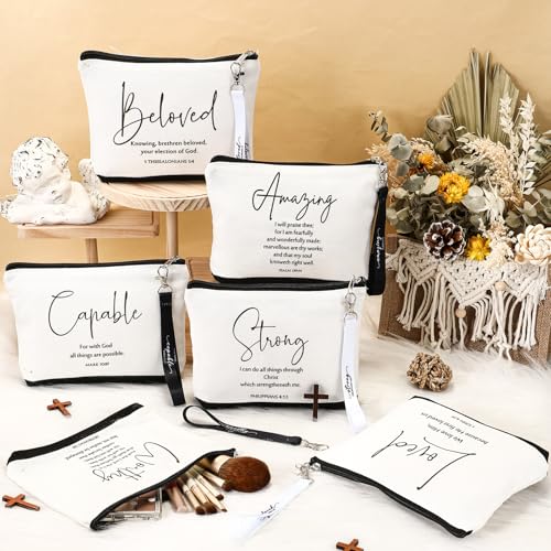 Huhumy 12 Pcs Christian Makeup Bag, Black White, Inspirational Words - color: Black White, style: Inspirational Words