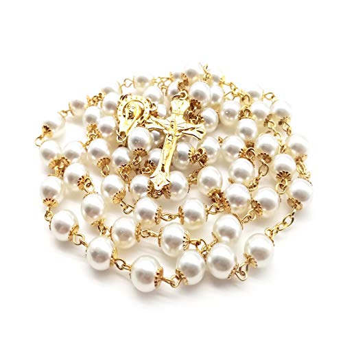 Rosary Beads Catholic for Women Girls, First Holy Communion Rosary Gifts for Girls Catholic, Gold White Rosary Necklace for Women Imitation Pearl Beads Necklace Rosarios Catolicos - color: White
