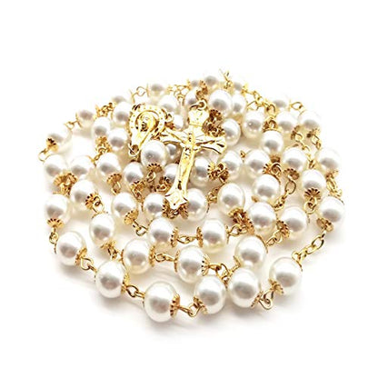 Rosary Beads Catholic for Women Girls, First Holy Communion Rosary Gifts for Girls Catholic, Gold White Rosary Necklace for Women Imitation Pearl Beads Necklace Rosarios Catolicos - color: White