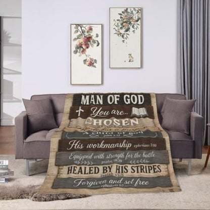 Man of God Blanket for Men, Christian Faith Gift, Bible Verse Throw - color: Rustic Wood