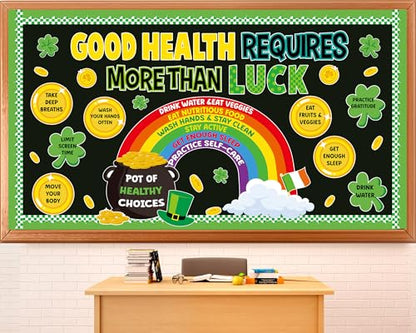 St. Patrick's Day Health Bulletin Board Lucky Shamrock Bulletin Board Decorations Rainbow Gold Coin Paper Cutouts for St. Patrick Party Supplies Home Classroom Chalkboard Wall Door Window Decoration - style: St. Patrick's Day Health