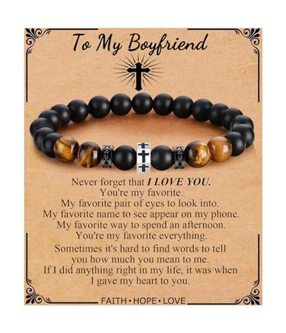 QWNHONEY Cross Bracelet for Men Son Brother Boyfriend Father Dad Husband Father's Day Birthday Christian Religious Faith Graduation Anniversary Christmas Jewelry Gift for Man - style: To Boyfriend