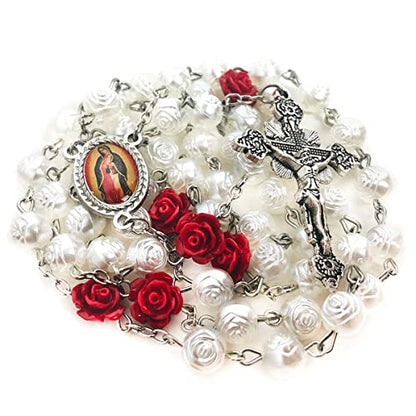 Our Lady of Guadalupe Pearly Rose Rosary Beads Catholic for Women - Catholic Gifts - Rosary Necklace for Women