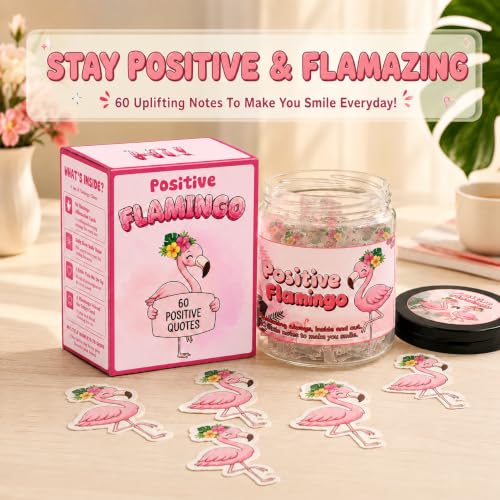 Positive Flamingo Jar with 60 Daily Affirmation Cards, Emotional Support Flamingo Decor, Mini Flamingo Figurines, Birthday Gifts for Women and Friends, Inspirational Desk Present for Coworkers - color: Positive Flamingo