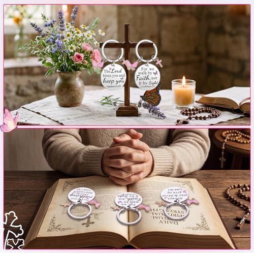 Nosiny 9 Pcs Christian Gift for Women Bulk Bible Verse Religious Keychain Baptism Faith Flower Cross Inspirational Gifts - style: Butterfly, Cross