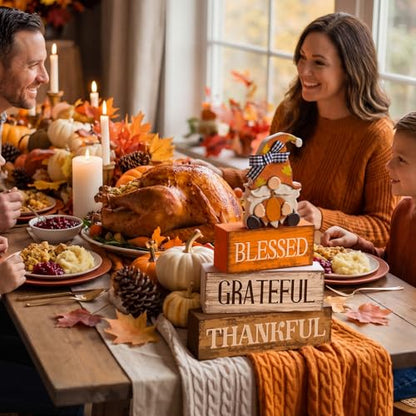 Lineshading 4 Pcs Fall Gnome Block Signs Thanksgiving Tiered Tray Decor - style: Blessed Gnome
