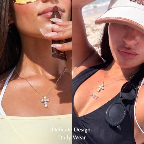 ASHINE Icy Brilliance Cross Pendant Necklace, 20" Adjustable Cable Chain - color: Yellow Gold