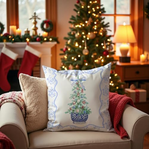 Blue Chinoiserie Preppy Christmas Tree Pillow Covers 18x18, Grandmillennial Christmas Decor, Preppy Girly Blue Bow Xmas Tree Throw Pillow Covers for Girls Dorm Room Apartment Sofa Couch - color: 32 Color