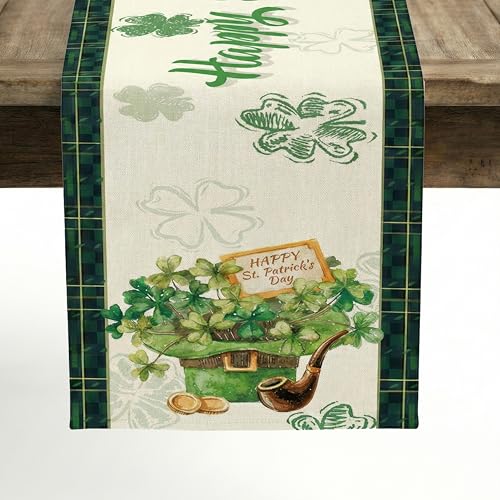 St. Patrick's Day Table Runner, Lucky Leprechaun Hat and Gold Coins Green Shamrock Clover Table Decor, Seasonal Buffalo Plaid Kitchen Dining Decoration for Holiday Home Party, 13x72 Inch - style: Lucky Leprechaun Hat