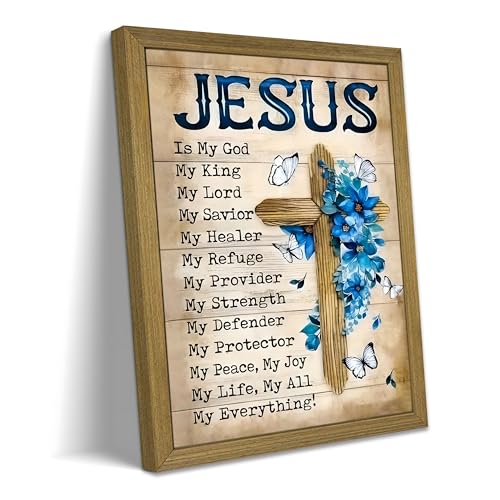 Framed Christian Wall Art Canvas Prints, My God Jesus Inspirational Quote Decor, Vintage Cross Floral Pictures Artwork, Rustic Faith Bible Verse Wall Decor for Living Room Bedroom – 16X24in - color: Jesus B, size: 24"L x 16"W