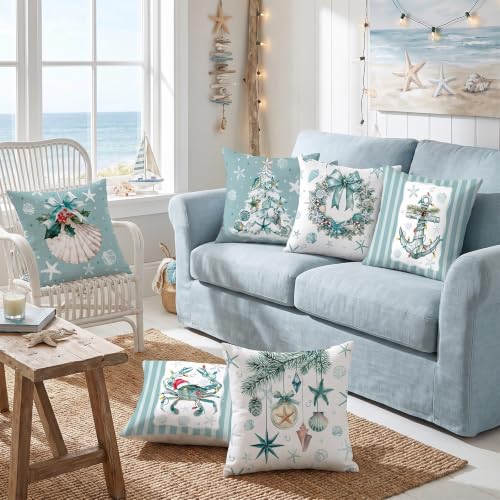 FuWeave 6 Set Christmas Pillow Cover 18 x 18 Inch Coastal Beach Nautical - style: Coastal Christmas