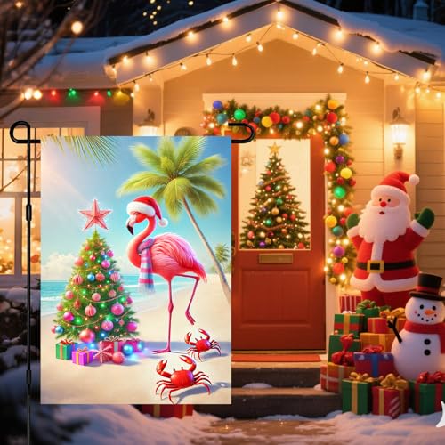BlissYard Christmas Gardens Flags Tropical Christmas Flamingo Garden Flag Beach Holiday Garden Flag 12x18 Inch Double Sided Outdoor Decoration for Festive Season Yard Porch Lawn Display - color: Christmas Flamingo