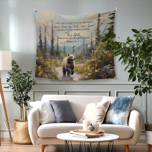 WAITPI Christian Woodland Mountain Hanging Wall Tapestry for Bedroom, Farmhouse Bear Forest Psalm 121:1-2 Bible Verse Scripture Wall Hanging Decor Tapestry for Home Living Room, 50x60in - color: hills, size: 60"L x 50"W