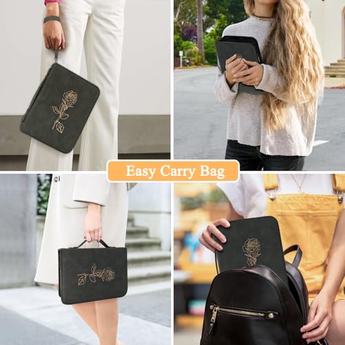 Bible Covers for Women & Men, Leather Bible Case with Rose Bookmark, Bible Supplies Carrying Bag Tote with Strap, Personalized Gift for Study, Journaling, Church-Black