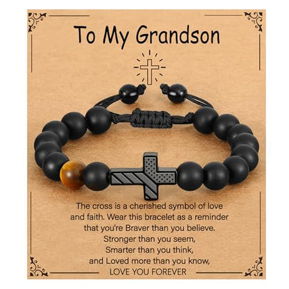 P. BLAKE Cross Bracelet for Boys Men, American Flag Cross Natural Beads Bracelet Christian Religious Birthday Jewelry Gifts for Teen Boys - style: To My Grandson