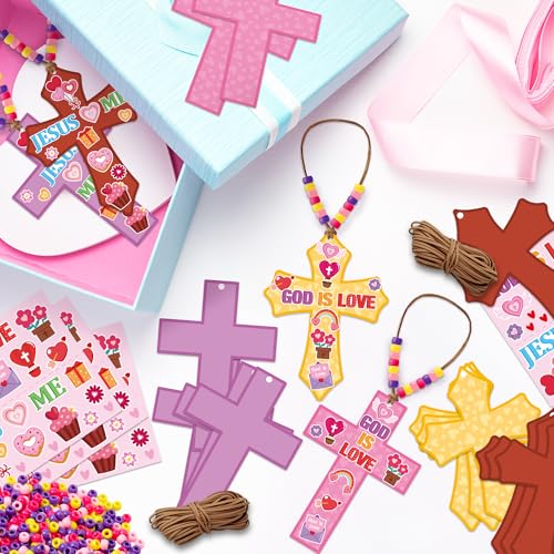 BeYumi Religious Cross Necklace Craft - 28Pcs God is Love Religious Craft Kit DIY Sticker Cross and Beads Necklace Christian Jusus Love Me Decor Woman Party Activities - style: Valentine