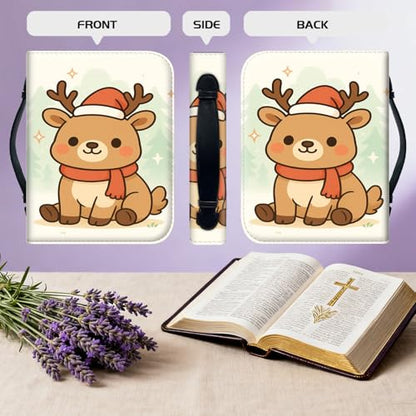 Bible Cover for Women Large PU Leather Zippered Bible Case with Handle and Cute Christmas Reindeer Design, Christian Bible Cover for Girls & Women, Cover Fits Standard 9.5"x7.5"x2.3" Bible - color: Cute Christmas Reindeer