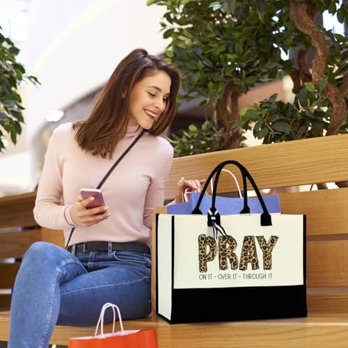 Christian Gifts for Women Tote Bag, Motivational Spiritual Religious Gifts for Women Sister, Encouragement Bible Verse Faith Based Leopard Beach Bag Mothers Day Christmas Reusable Grocery Bags