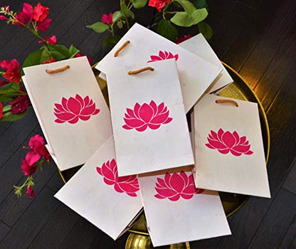 Desi Favors Lotus Gift Bags - Lotus Printed Paper for Christmas, Weddings, Birthday,s Pooja/puja Return Gifts Shagun Gift Bags - 7.4x4.7x3.14 Inch (Pack of 8) - style: Pearl White (Pink Lotus)