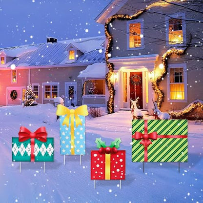 Christmas Yard Sign Decorations Outdoor Christmas Four Gift Boxes Yard Signs with Metal Stakes for Xmas Holiday Party Lawn Sign Garden Decor Outdoor Yard Signs - style: Gift boxes