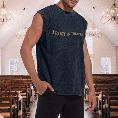 Mens Christian Tank Tops Trust in The Lord God Jesus Religious Faith Bible Verse Shirts Graphic Acid Wash Gym Tees - color: Denim Blue, size: Small