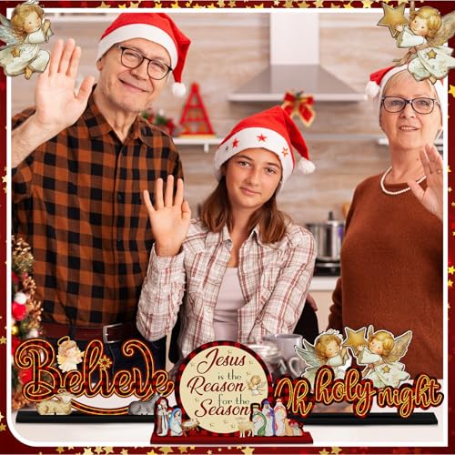 Shellwei 6 Pcs Christmas Table Decoration Nativity Scene Jesus Christian Centerpiece Wooden Xmas Religious Party Decor Believe Joy Noel Jesus Table Topper Winter Holiday Sign for Indoor New Year Craft - style: Christmas Jesus
