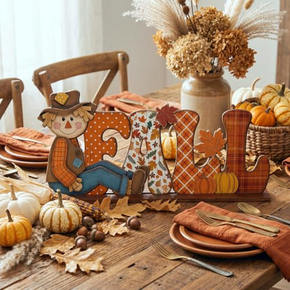 Yousoontic Fall Scarecrow Table Decorations Wooden Autumn Table Centerpieces Farmhouse Pumkin Maple Leaves Tabletop for Home Harvest Thanksgiving Kitchen Office(Fall) - style: Fall