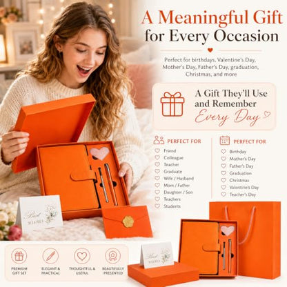 A5 Leather Journal for Women Men, Hardcover Notebook Set with Pen, orange - color: orange