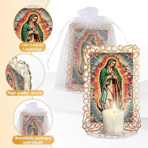 15 Set Our Lady of Guadalupe Acrylic Statues Virgen De Guadalupe Picture Frames with Organza Gift Bags Baptism Favors for Guests Baptism Centerpieces for Table First Communion Gifts Catholic Favors