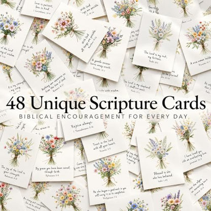 Bible Verse Cards with Wood Stand, 48 Prayer Cards for Daily Display - color: Wildflower