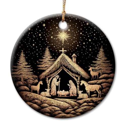 Nativity Scene Ceramic Ornament Decor Christmas - Birth of Jesus Ornaments - Religious Gift for Christian Women, Men, Family, Friend, Neighbor, Coworker, Teacher - Exchange Gifts - color: Nativity
