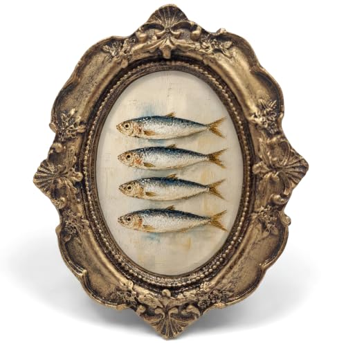 Vintage Coastal Sardine Fish Small Bronze Oval Picture Frame, Rustic Beach Mini Ornate Photo Frame Baroque for Wall Art Decor TableTop Kitchen, Summer Framed Artwork Gifts for Bedroom 4x5in - color: sardine
