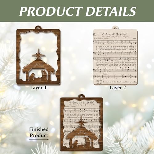 Nativity Hymn Ornament “O Come, All Ye Faithful” – Wooden Christmas Tree Decoration with Hymn Sheet & Holy Family Silhouette Ornament – Christian Holiday Keepsake & Religious Gift
