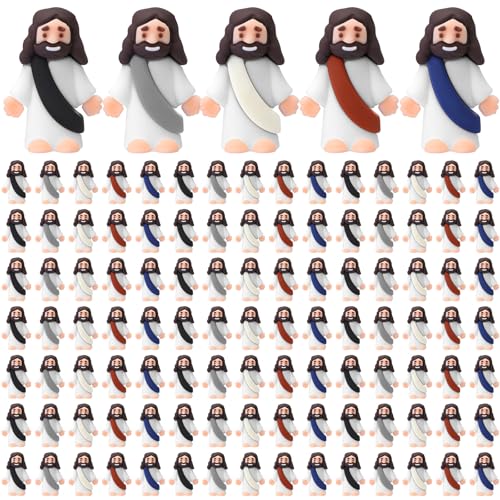 Bememo 100 Pcs Jesus Toys Original Design Mini Rubber Little Jesus Figurine to Hide and Seek Religious Party Favors Sunday School Craft Baptism Gifts for Easter Egg Stuffers (Dark Color) - color: Dark Color