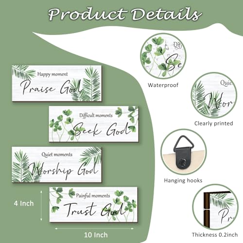 ONIZHITY 4 Pcs Green Bathroom Decor Religious Farmhouse Wall Art Inspirational Bible Verse Green Leaf Rustic Wooden Christian Sign for Home Bathroom Office Bedroom Living Room Kitchen(Green 10x4)